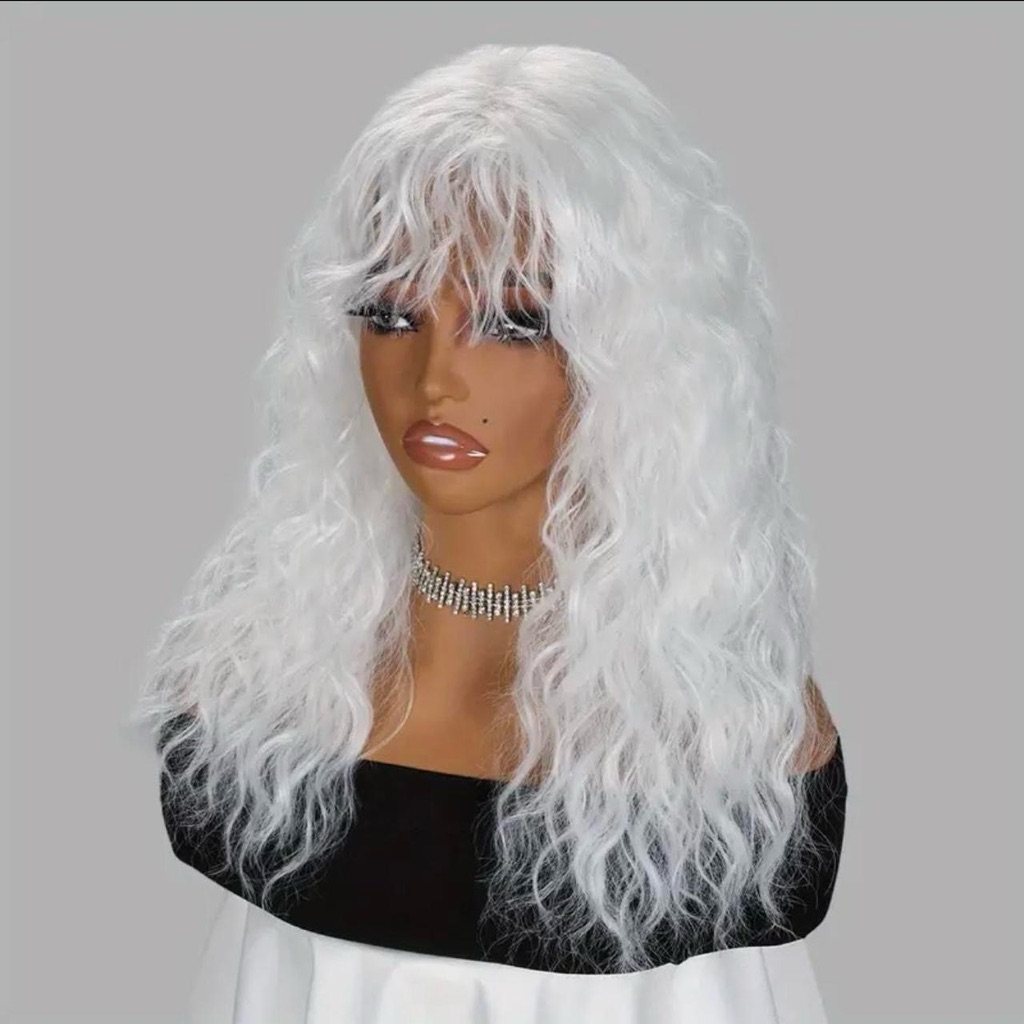- Human Hair Blenb White Curly Wavy Wig With Bang